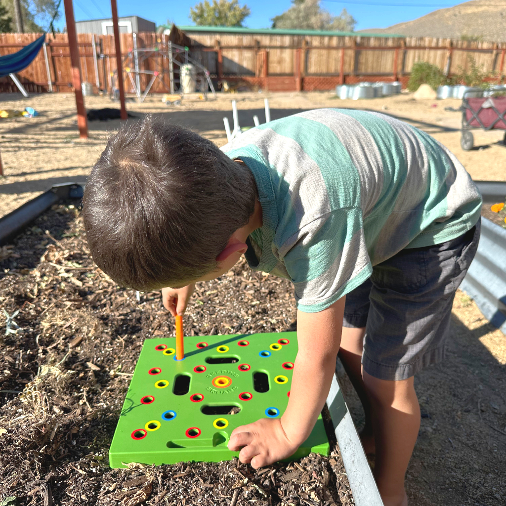 boy using seed planter to plant garlic in fall in backyard with raised garden bed